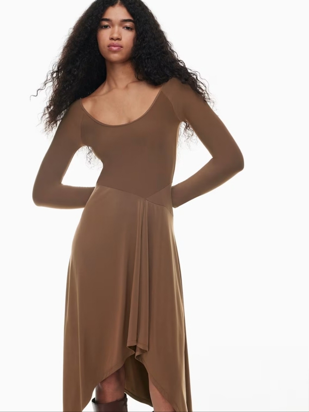 Wilfred Aritzia Nuage Dress Brown Long Sleeve Asymmetrical Midi Size Large - Picture 6 of 15